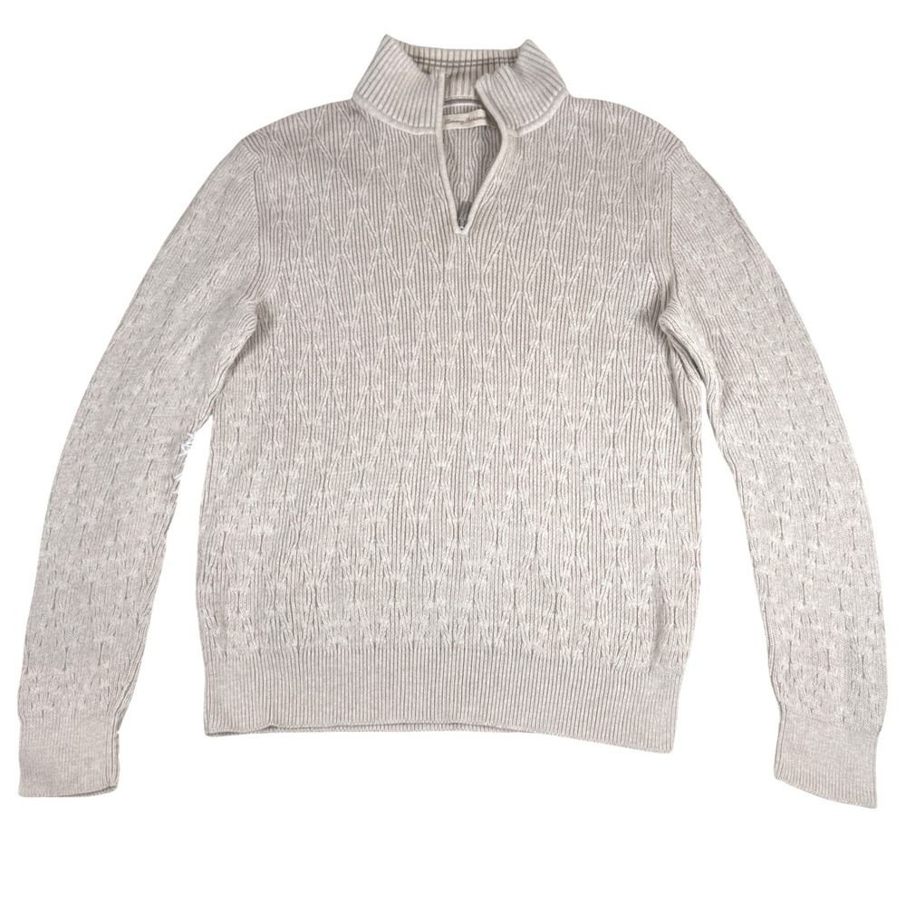 Tommy Bahama Mens Large Tan Beige Cable Knit 1/4 Zip Cotton Sweater